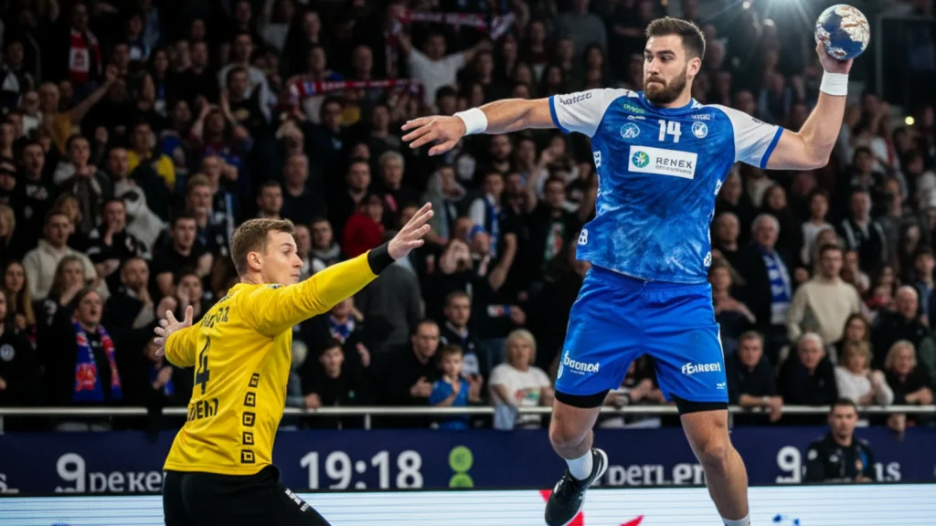 Dynamischer Spielmoment in der Handball-Bundesliga mit Spieler beim Sprungwurf in voller Arena