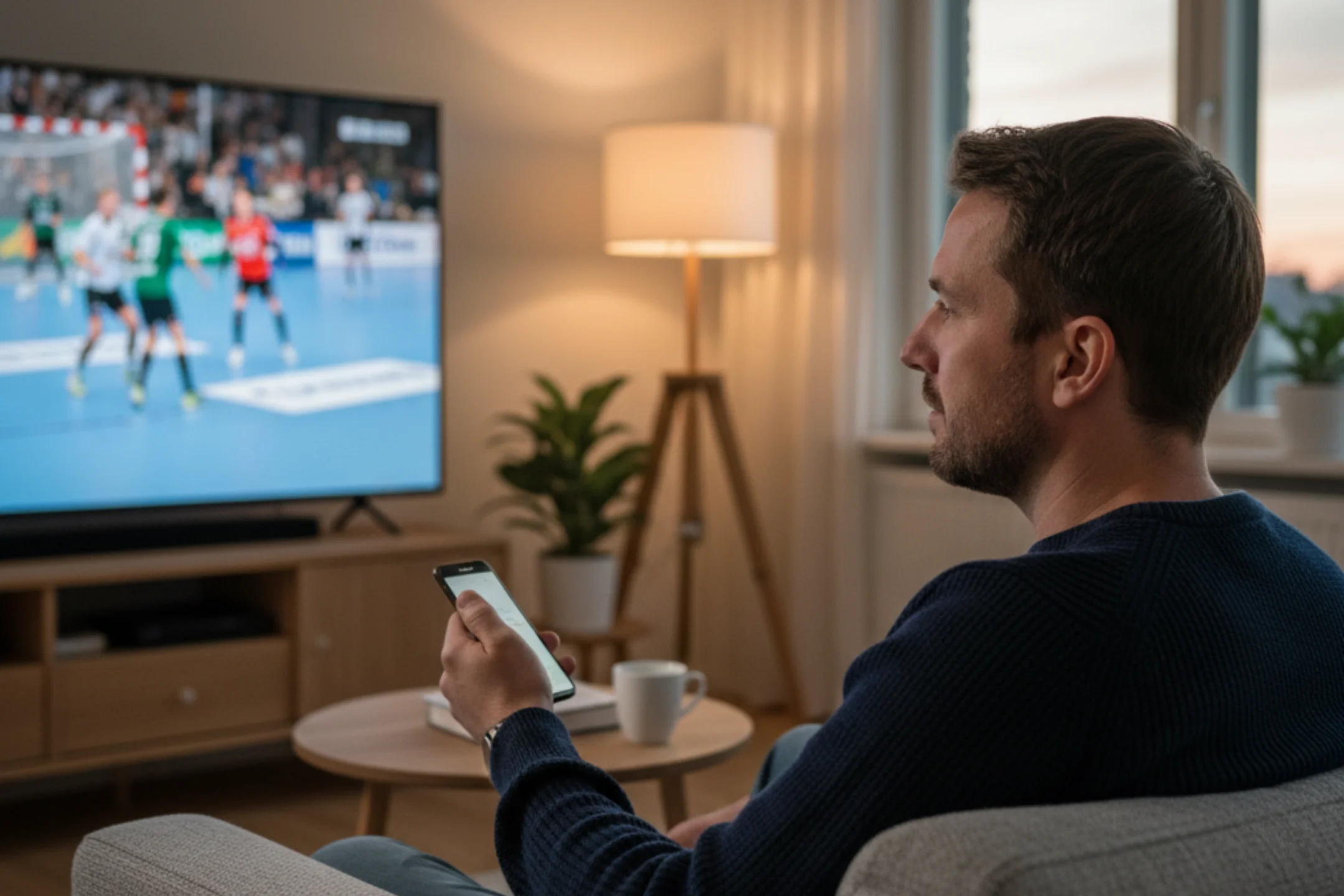 Mann verfolgt Handball-Spiel auf dem Smartphone für Live-Wetten