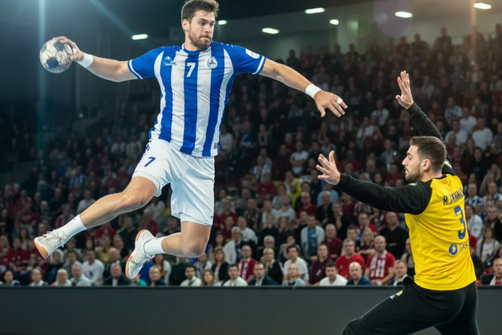Handballspieler im dynamischen Sprungwurf während eines Live-Spiels in der Arena