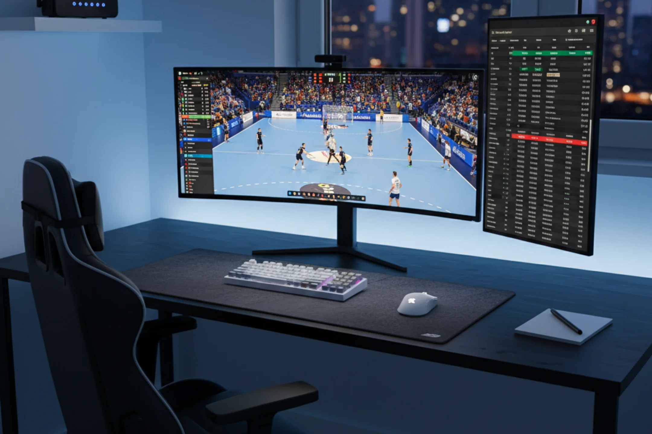 Modernes technisches Setup mit Monitoren für Live-Wetten auf Handball