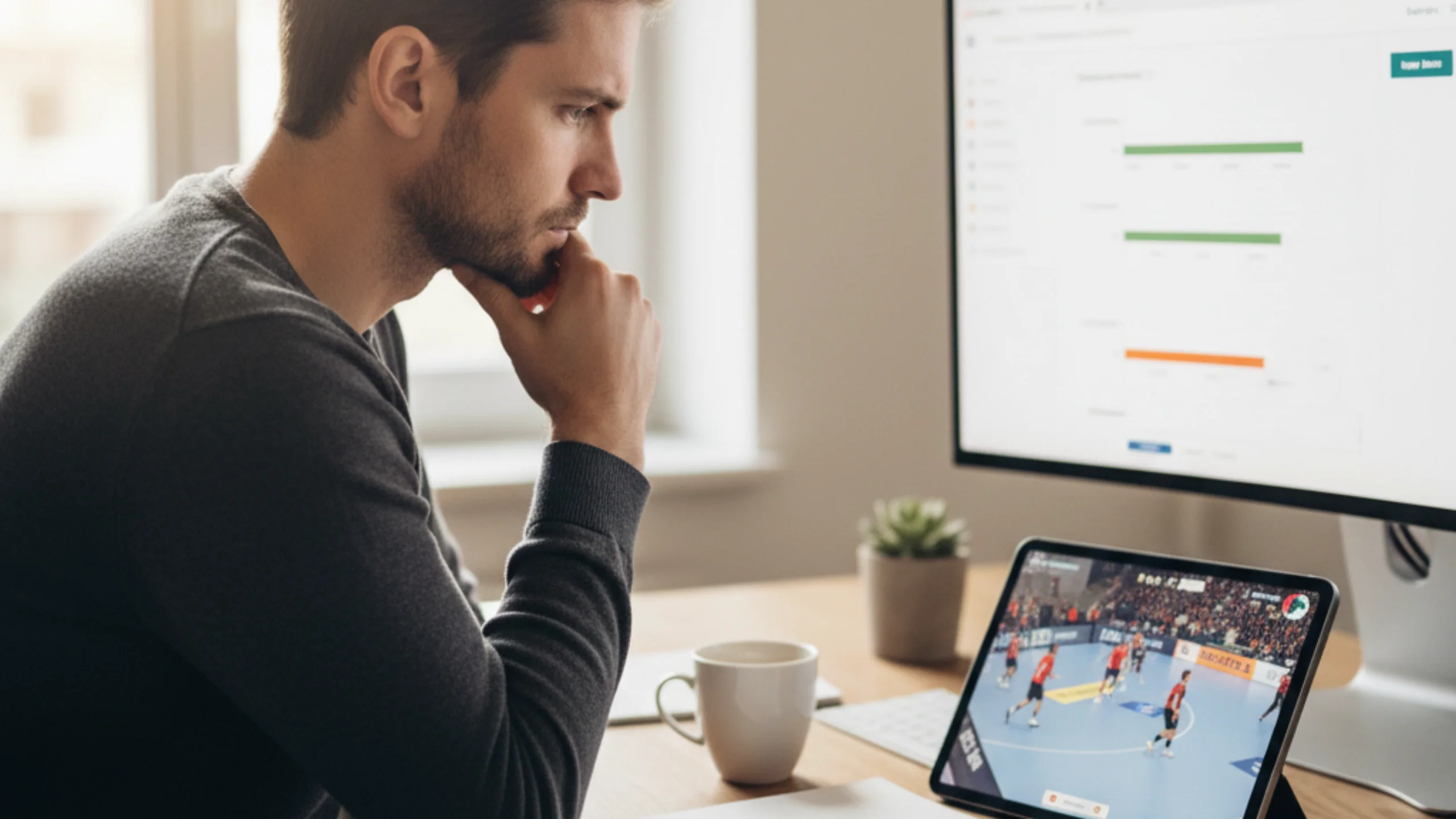 Sportanalyst wägt verschiedene Wettoptionen am Schreibtisch mit Analysetools ab