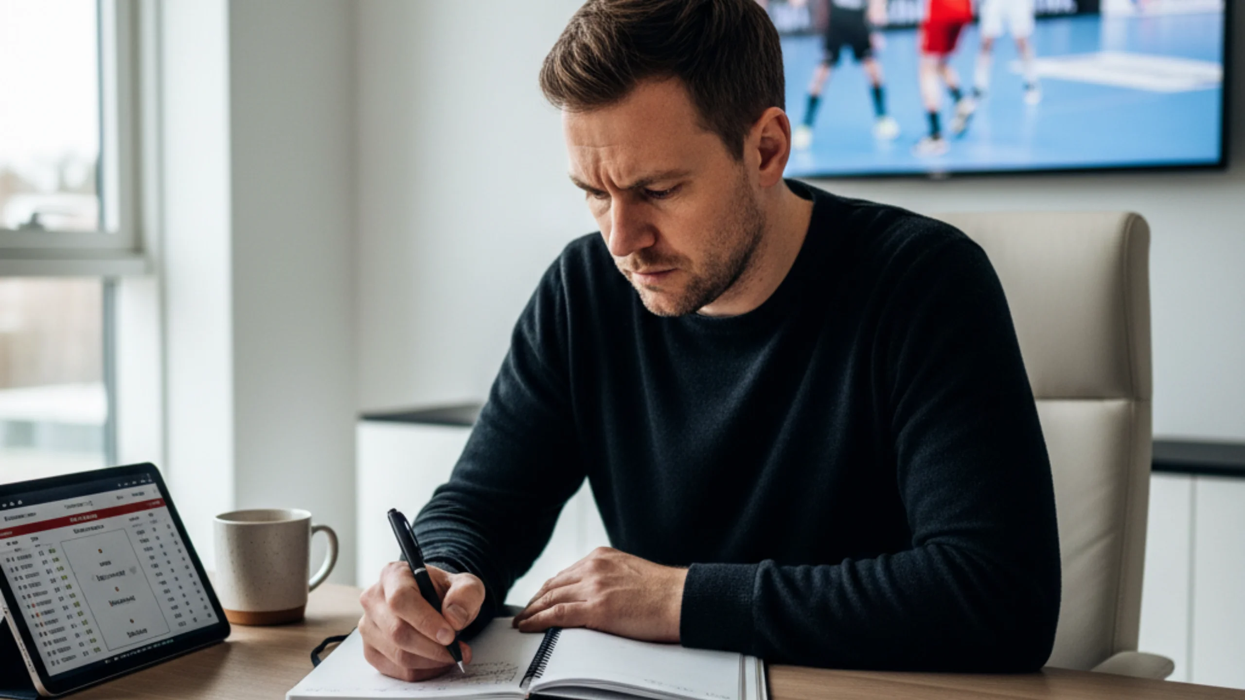 Sportanalyst beobachtet ein Handballspiel am Bildschirm und macht sich systematische Notizen