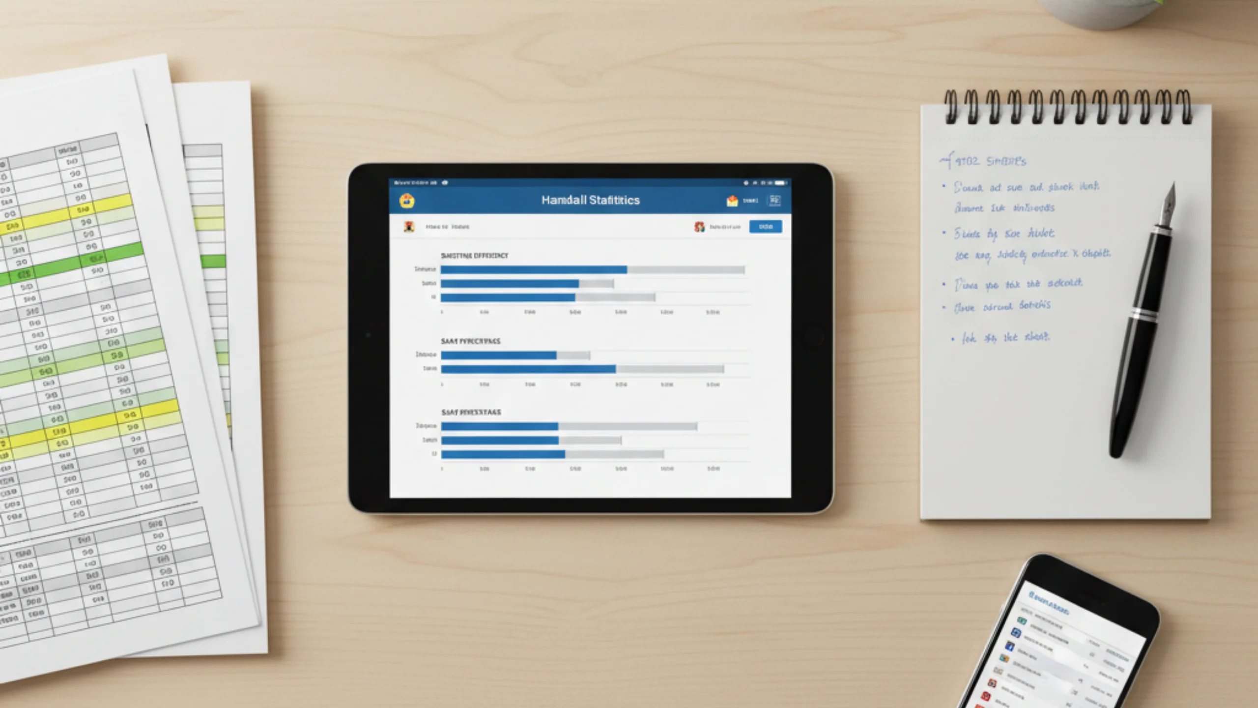 Arbeitsplatz für Sportstatistik-Analyse mit Tablet, Notizen und Datenauswertung aus der Vogelperspektive