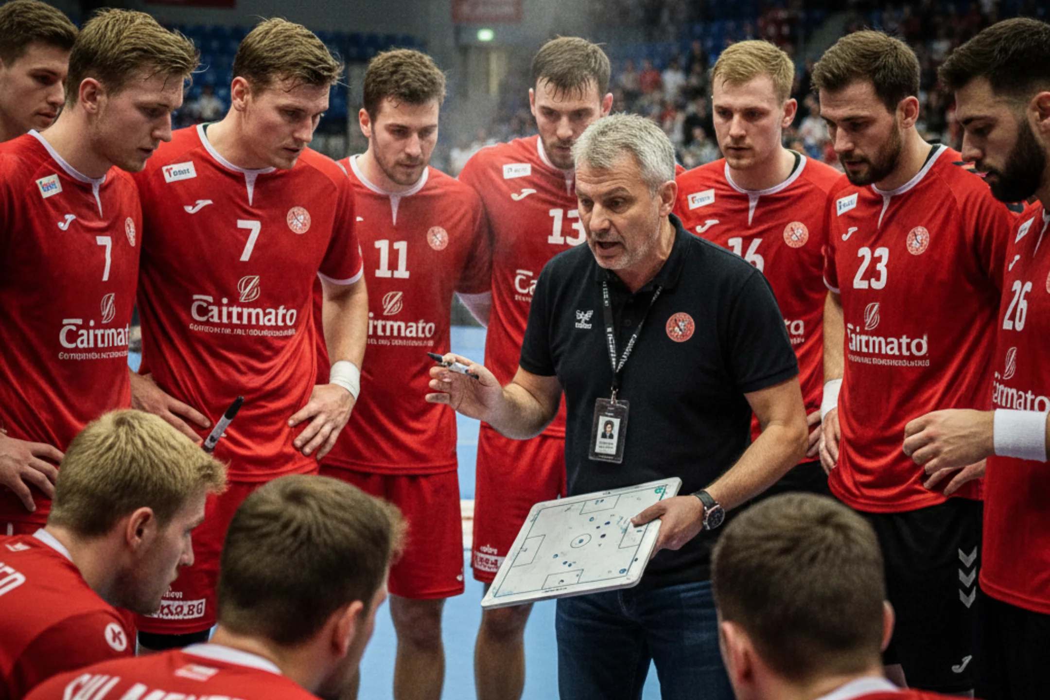 Handball-Team während einer Auszeit mit Trainer bei taktischer Besprechung