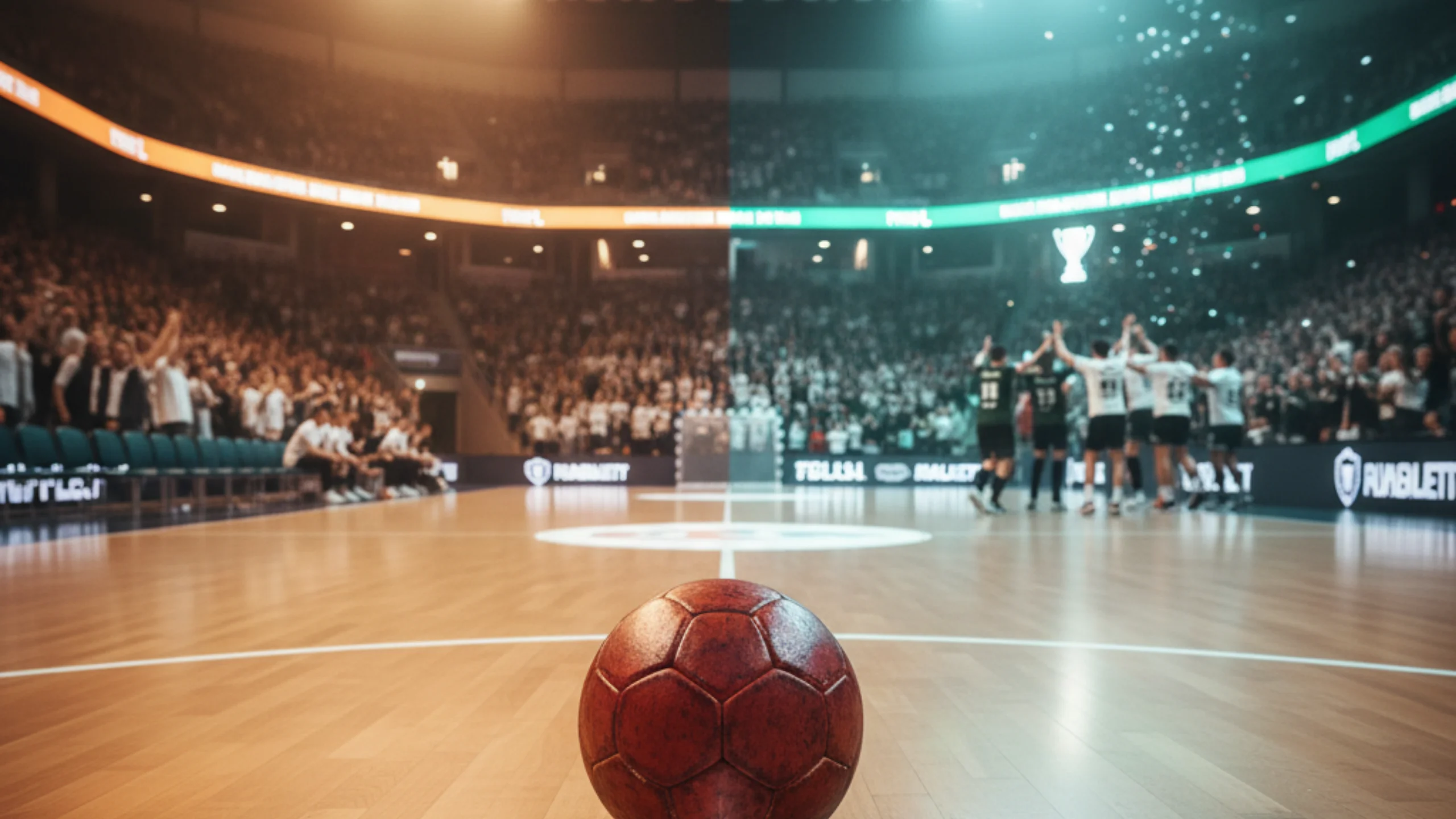 Sportfan analysiert Handball-Statistiken auf Tablet während er ein Bundesliga-Spiel im Fernsehen verfolgt