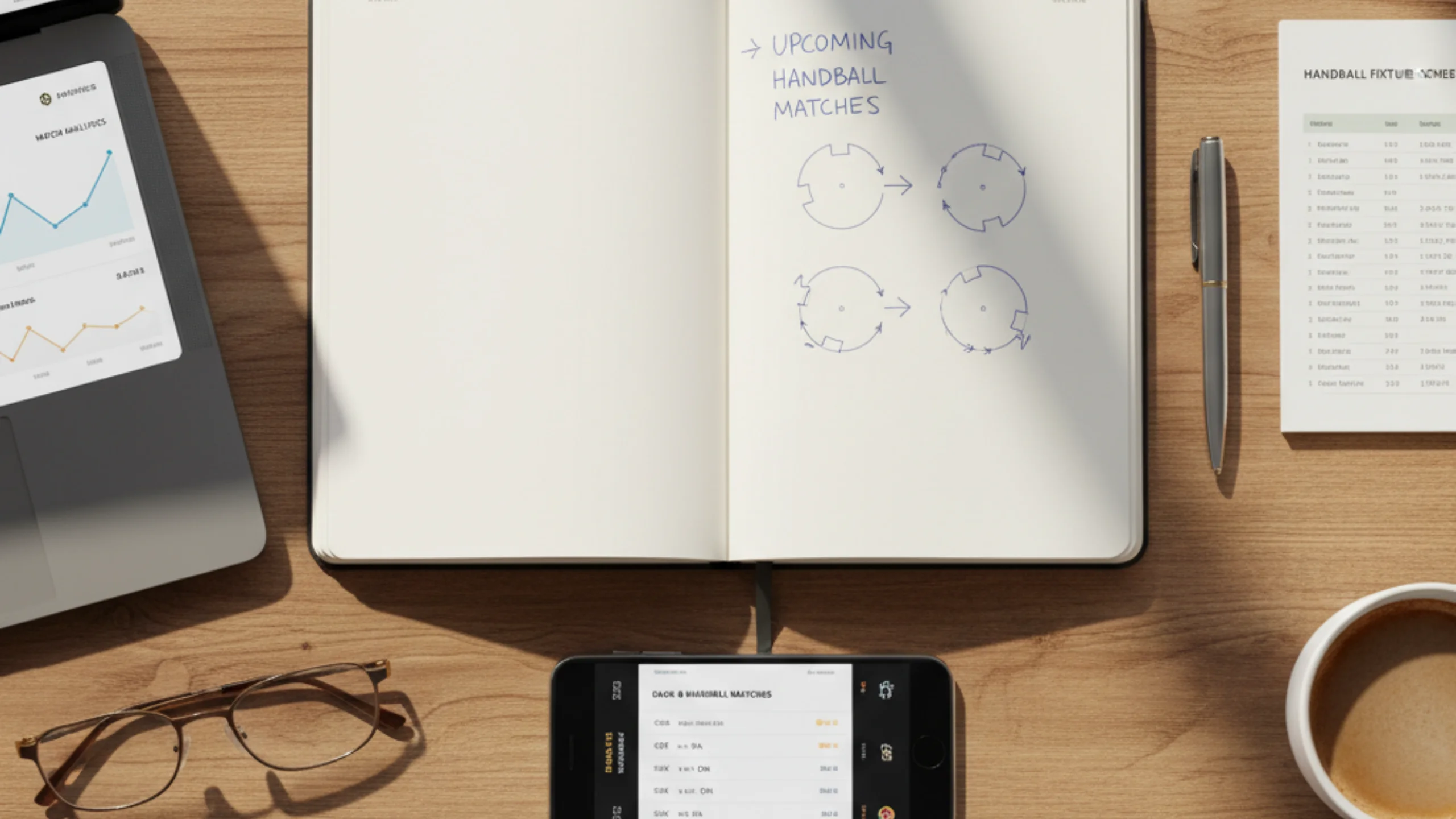 Schreibtisch mit Notizbuch, Smartphone und Laptop für die systematische Analyse von Handball-Wetten
