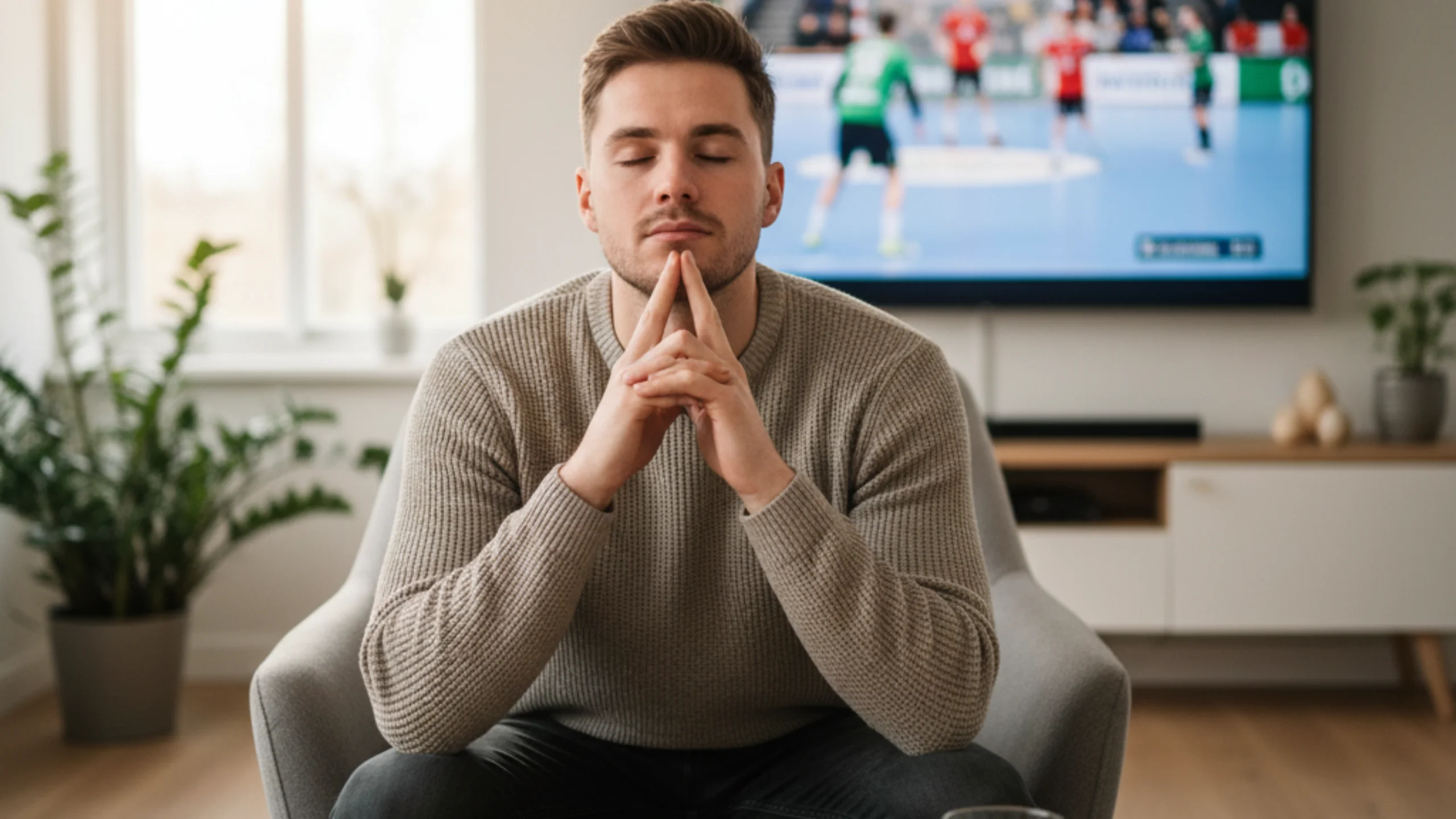 Mann in nachdenklicher Pose demonstriert emotionale Kontrolle und mentale Disziplin beim Sportwetten