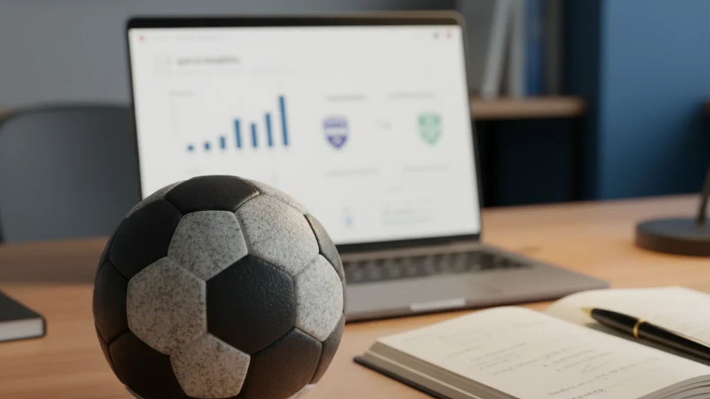 Strategische Handball-Wettanalyse mit Handball, Laptop und Notizbuch auf dem Schreibtisch