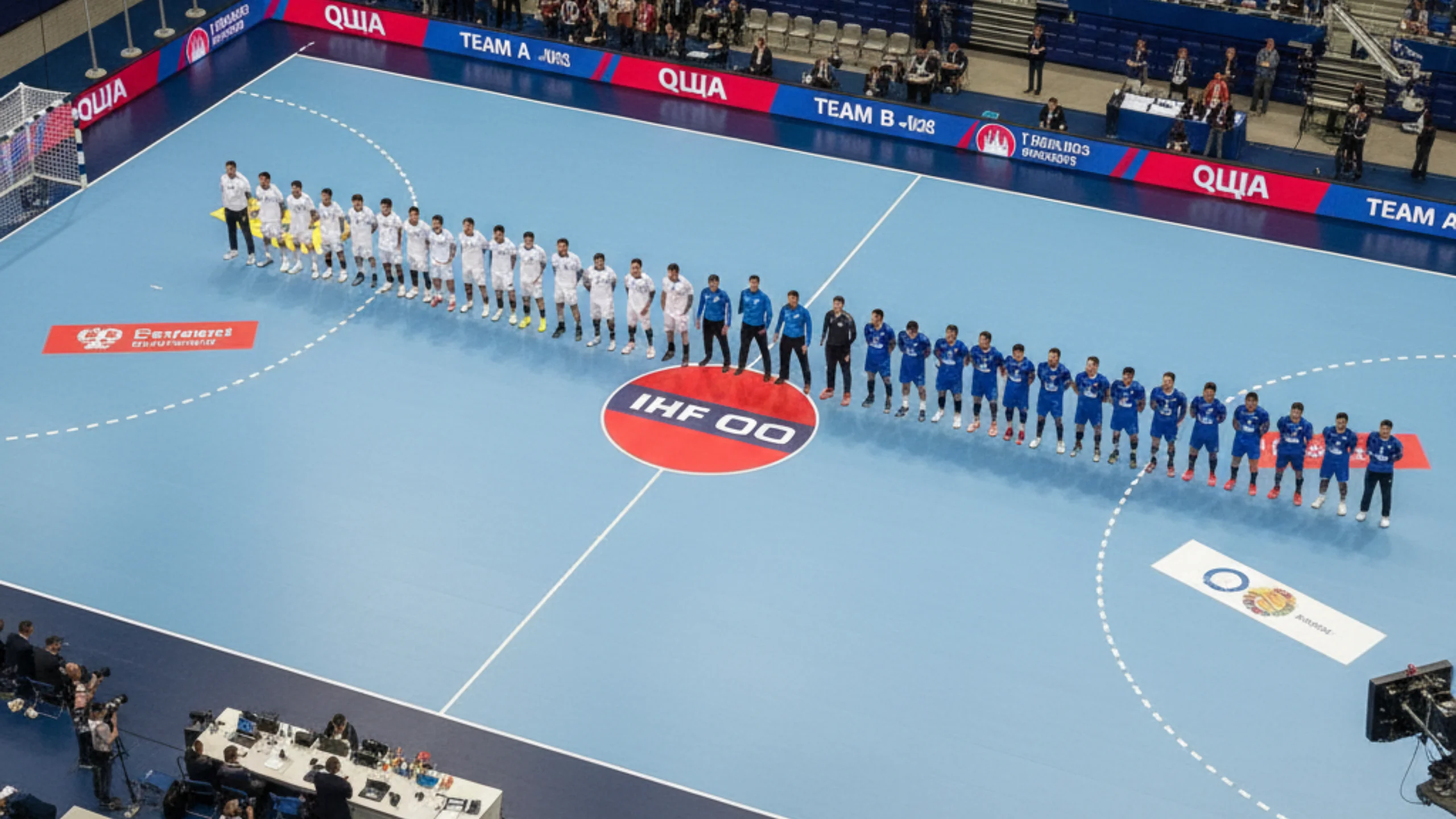 Vogelperspektive auf ein professionelles Handballfeld während eines WM-Spiels mit sichtbarer Turnierorganisation