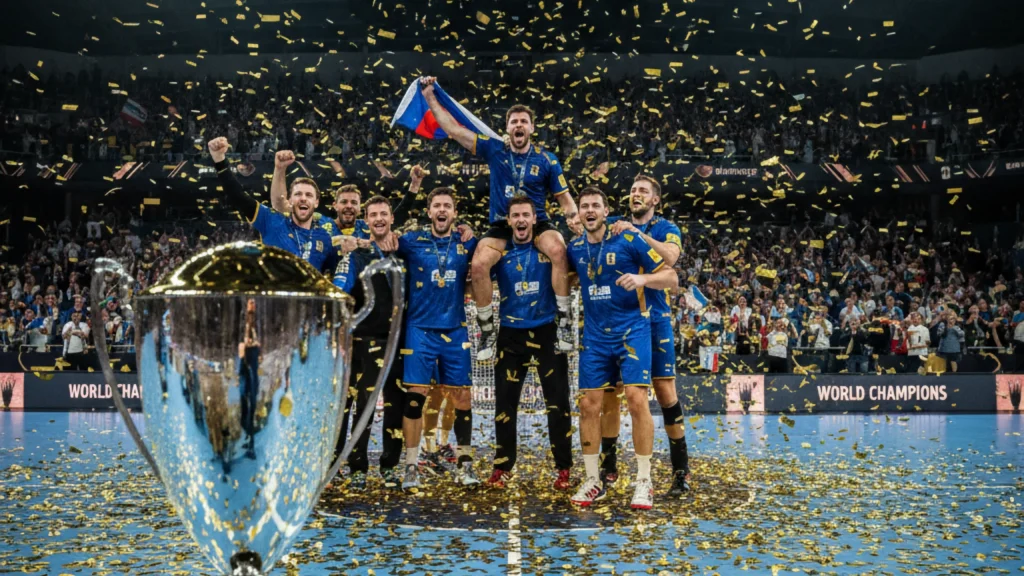 Triumphmoment bei der Handball-Weltmeisterschaft mit feiernden Spielern und goldenem Konfetti in der Arena