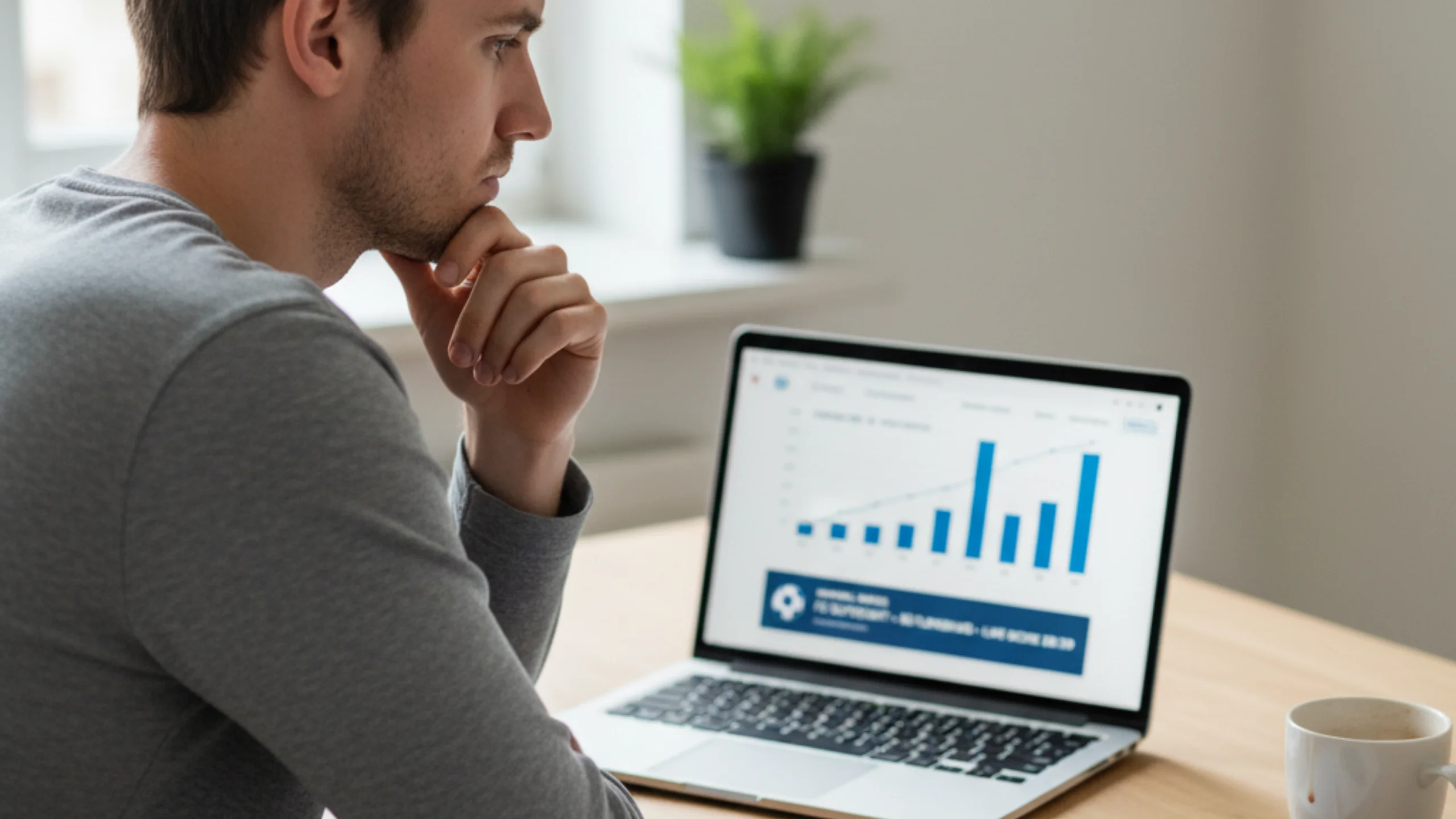 Mann analysiert nachdenklich Sportstatistiken am Laptop mit Notizbuch für durchdachte Wettentscheidungen
