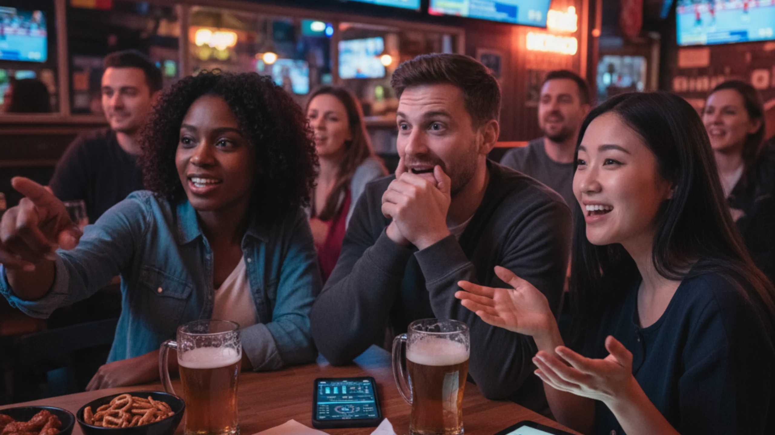 Freunde in einer Sportsbar analysieren gemeinsam ein WM-Handballspiel mit Statistiken auf Tablets